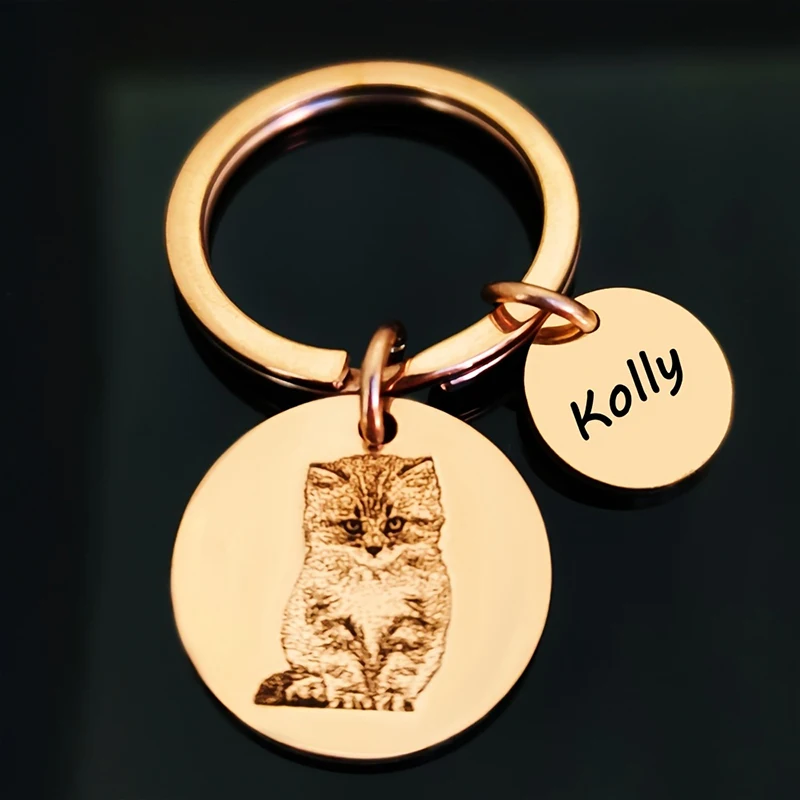 Personalized Men's Keychains Customize Pictures & Pet & Plants & Family Members Two Circular Pendants Stainless Steel Keychain