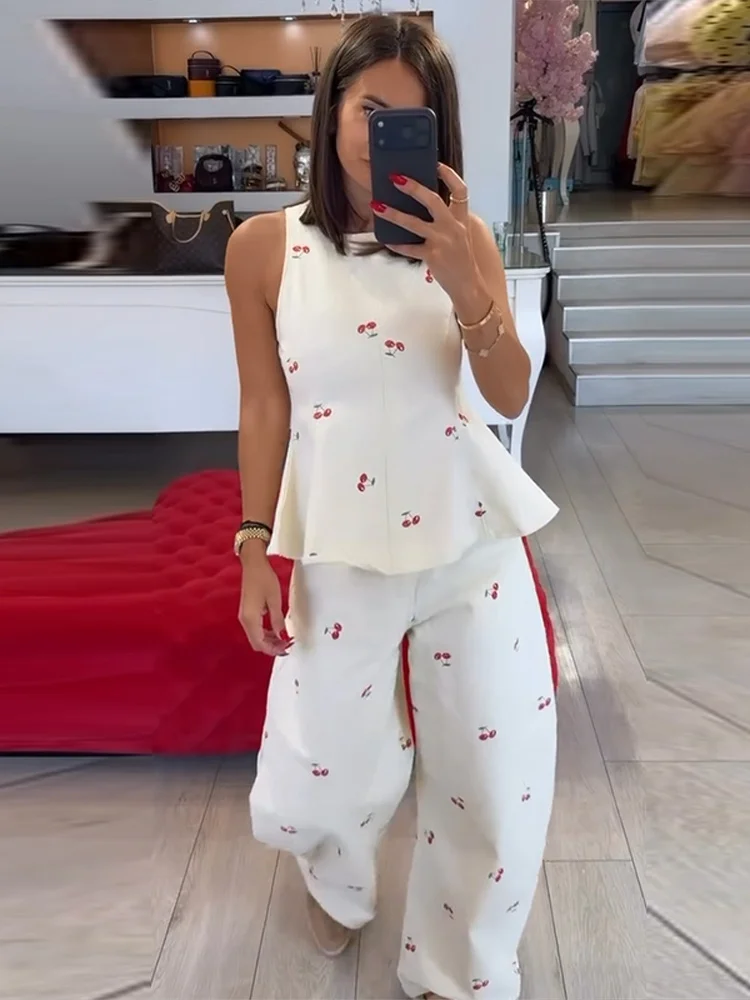 Damen-Hosenanzug 2-teilig Bedruckt O-Ausschnitt Ärmellos Rüschen Slim-Fit Oberteil mit Gebogenen Hosenbeinen Schicke Büro-Damen-Outfits Neu – Detail 17