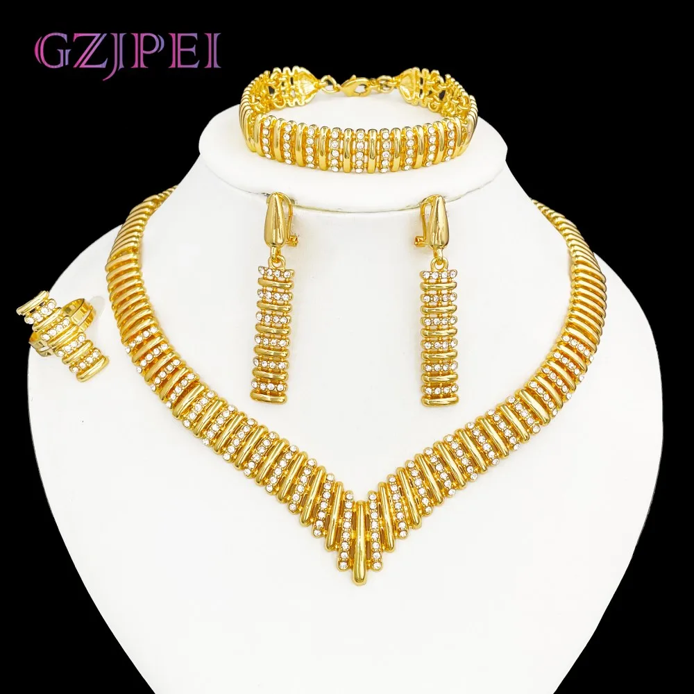 

GZJPEI 2025 New Luxury Zircon Jewelry Set Hight Quality 18K Gold Plated Women Jewelry Fashion Statement Party Accessories
