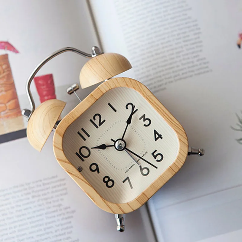 Wooden Twin Bell Loud Alarm Clock, Student Kids Bedside Alarm Clock Silent  Home Bedroom desk Decoration Clock lumino