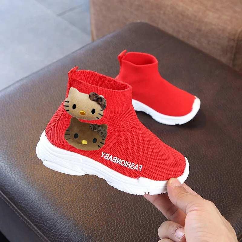

Hello kitty fly knit socks boots girls kids fall and spring new non-slip casual shoes kids stretch sneakers baby first walkers