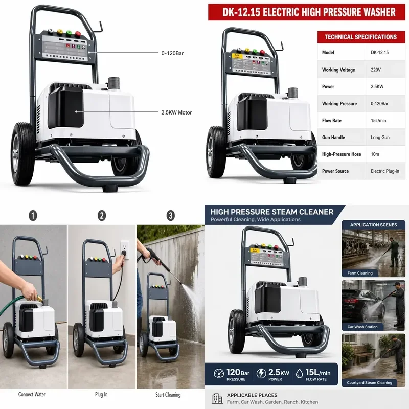 New 120bar Electric Jet Cleaner 2.5KW 15L/min 220V High Pressure Washer Stainless Steel Long Gun 10m Hose for Car Wash