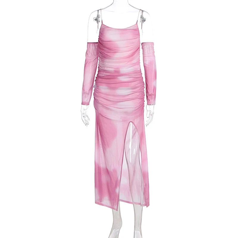 BKLD Batik-Spaghettiträger, durchsichtiges Netz, rückenfrei, schulterfrei, schmales, plissiertes Maxikleid mit Schlitz und Ärmelschonern, Club-Urlaubskleidung