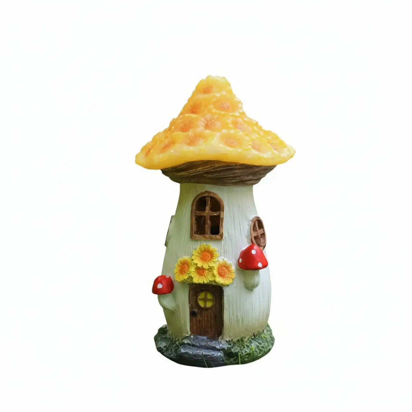 Solar Mushroom Lantern Resin House Figurine for Garden Decor Weatherproof Auto Light Up