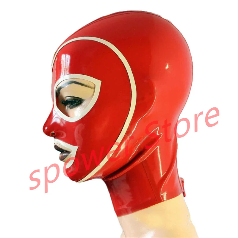 

Natural Latex Full Head Latex Hoods Rubber Mask Fetish Cosplay Costumes Red with White Trim Back Zip Club Wear