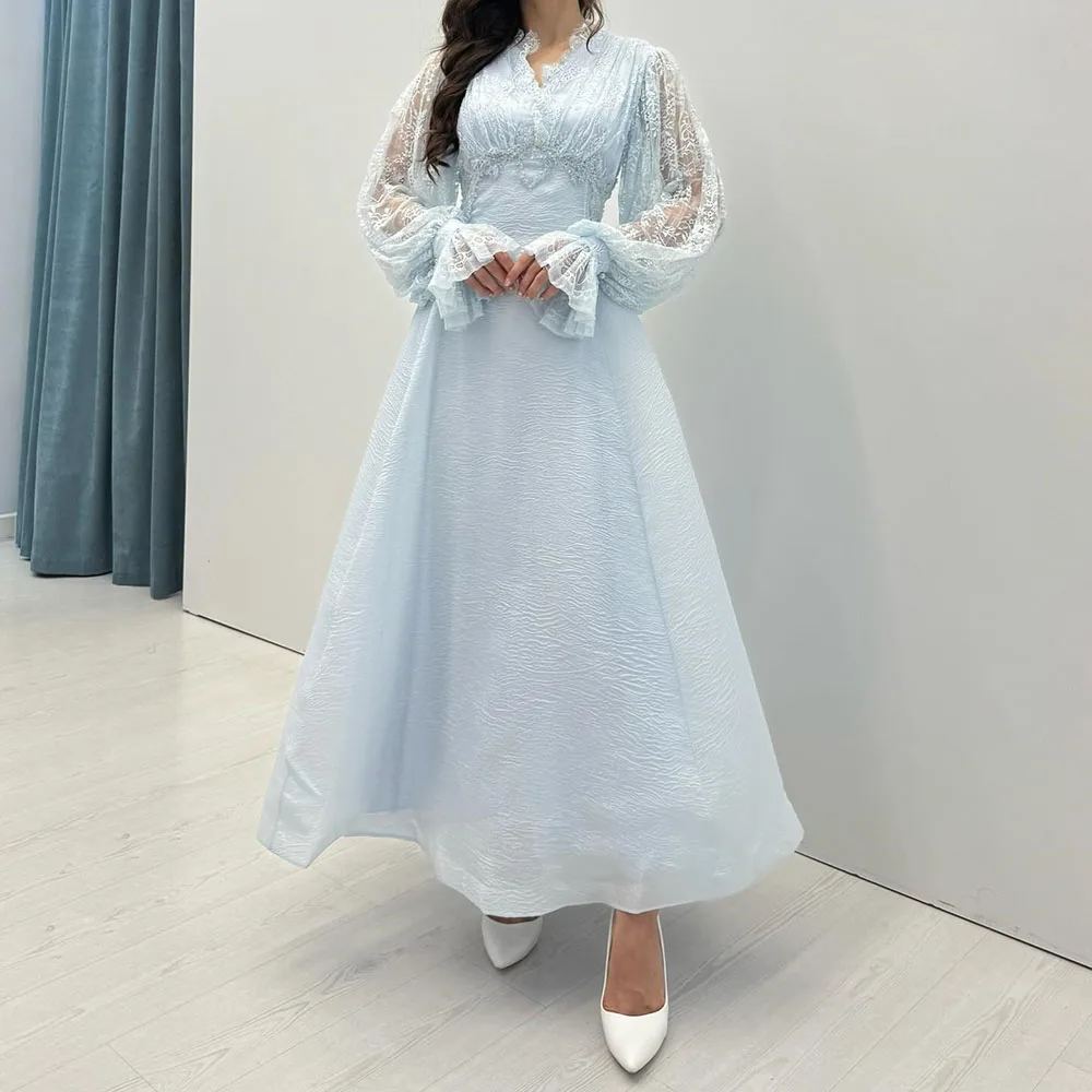 Customized A-Line Evening Gown Ankle-Length V-neck Full Sleeve Prom Gown Fashion Lace-Up Ruched Simple Draped Party Gown