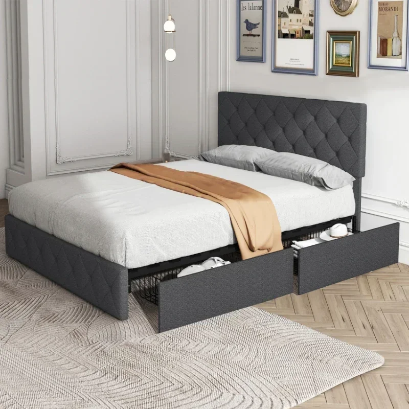 Modern Upholstered Bed Frame with 4 Drawers, Platform Bed with Button Tufted Headboard Dark Grey