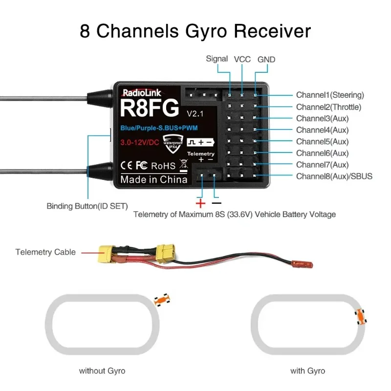 Radiolink R8FG 8 Channle 2.4G Gyro RC Receiver Voltage Return 600 Meters Long Range RX for Car Boat RC8X RC6GS RC4GS T8S T8FB