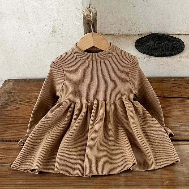 2024 New Autumn European American Style Kids Princess Dresses Long Sleeved Solid Color Knitted Dress Baby Girl Party Dress