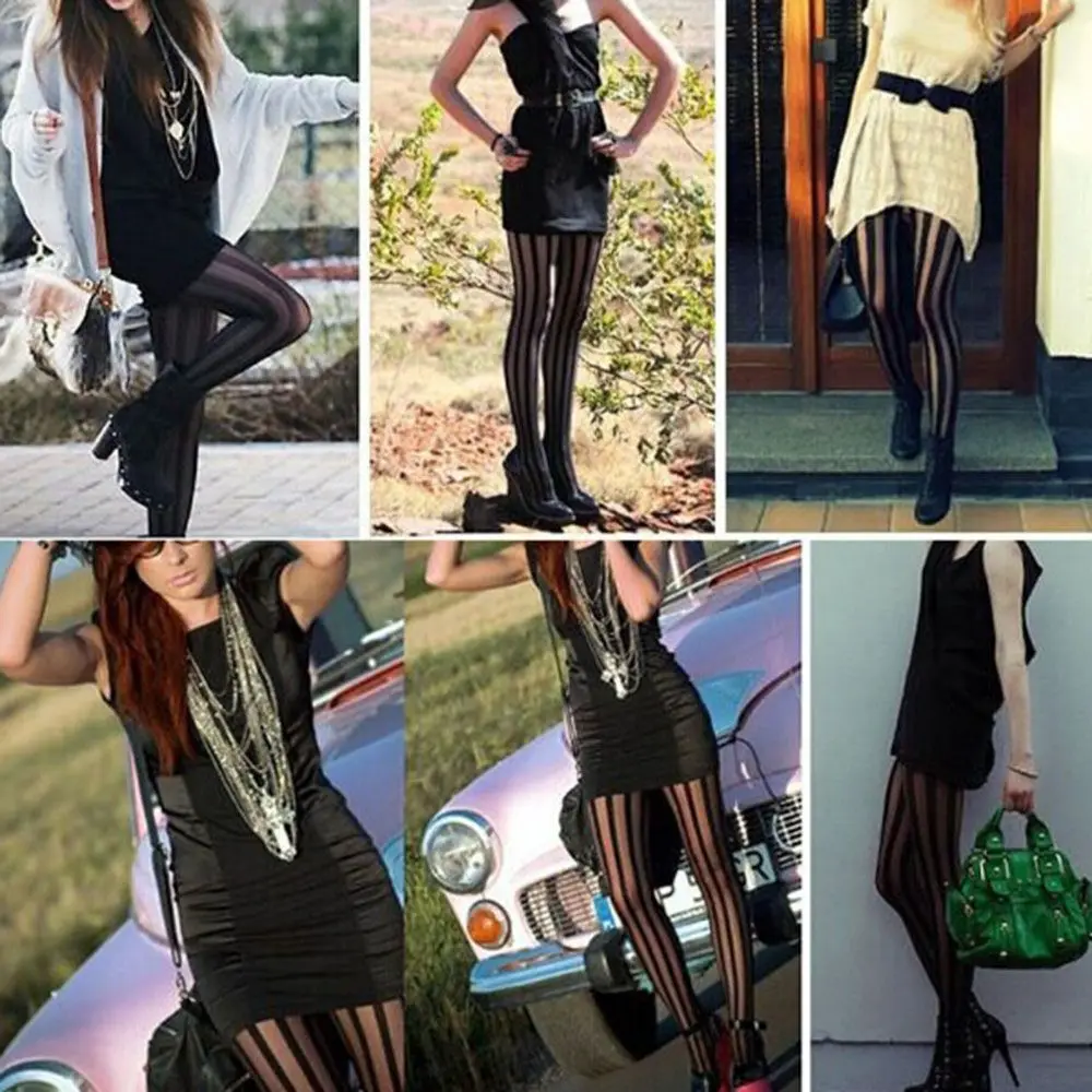 Victorian Lolita Gothic Women Girl Punk Tights Pantyhose Vertical Stripe Stockings Black image 4