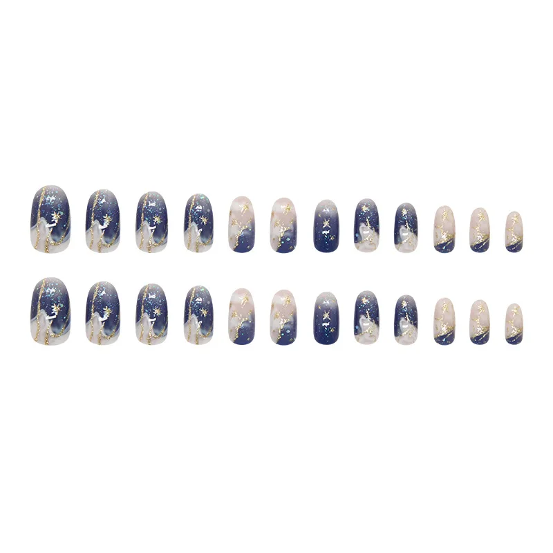 24pcs Smudging Blue False Nails Gentle Almond Gold Star Patterns Press On Nails Romantic Wearable Fake Nail Spicy Girl Manicure