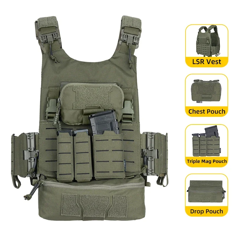 IDOGEAR LSR Tactical Vest with Triple Mag Pouch Drop pouch Chest pouch Quick Release Buckle Lightweight Gear Camping Hiking Vest