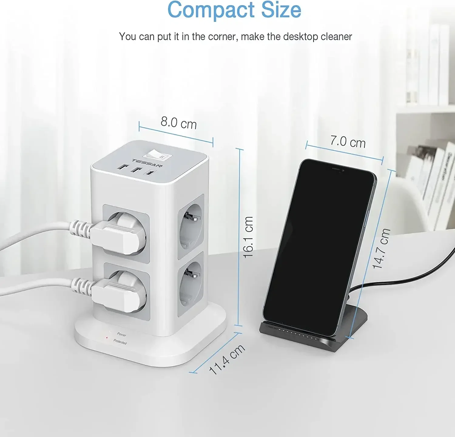 TESSAN Tower Extension Power Strip with USB 2M Extension Cord with EU Plug Tower Multiple Socket with Switch Surge Protection