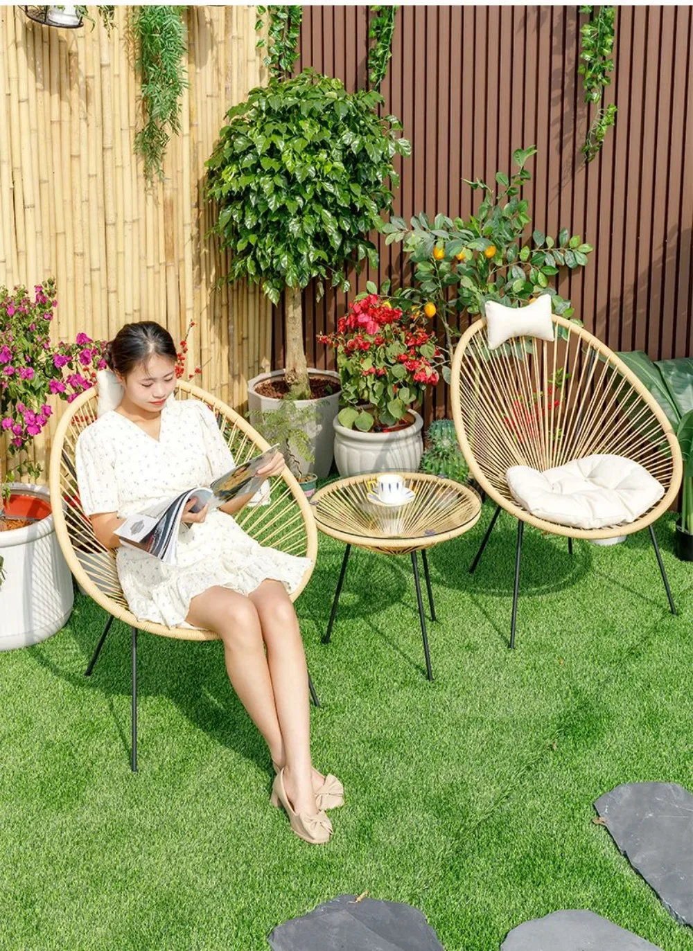 Nordic Dining Chairs for Kitchen Ins Wicker Chair Outdoor Balcony Wrought Iron Rattan Chair Solid Wood Simple Handmade Armchair