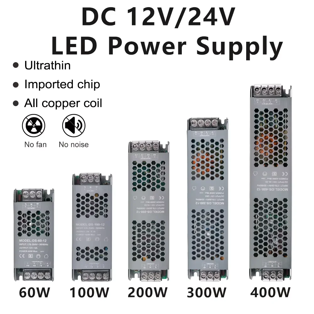 12V 24V Power Supply for LED Strip 60W 100W 150W 200W 300W 400W LED Driver Power Adapter AC176-264V Mute Lighting Transformers