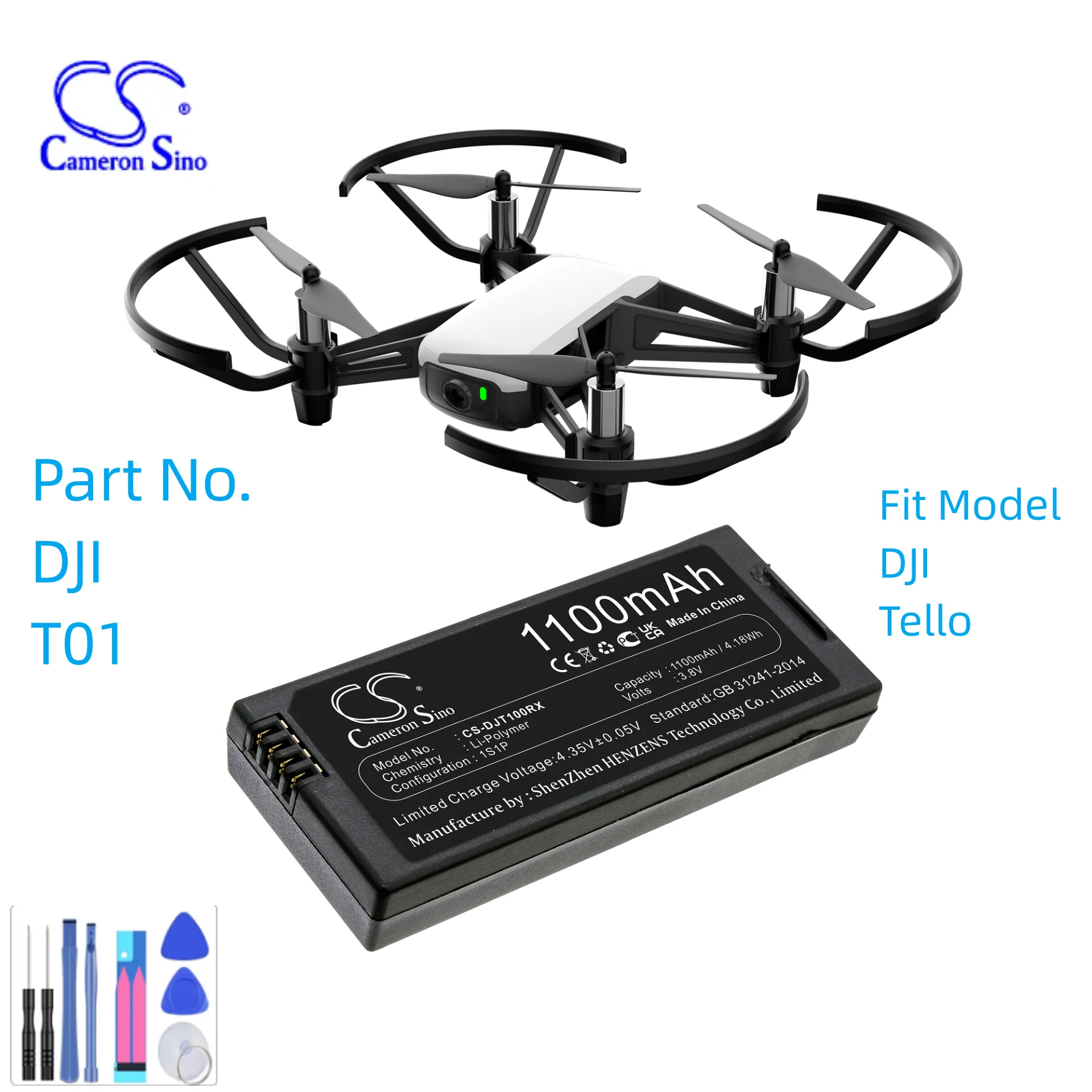 Drones Battery For DJI Tello T01 Capacity 1100mAh / 4.18Wh Color Black Volts 3.80V Type Li-Polymer Grass Weight 48.8g