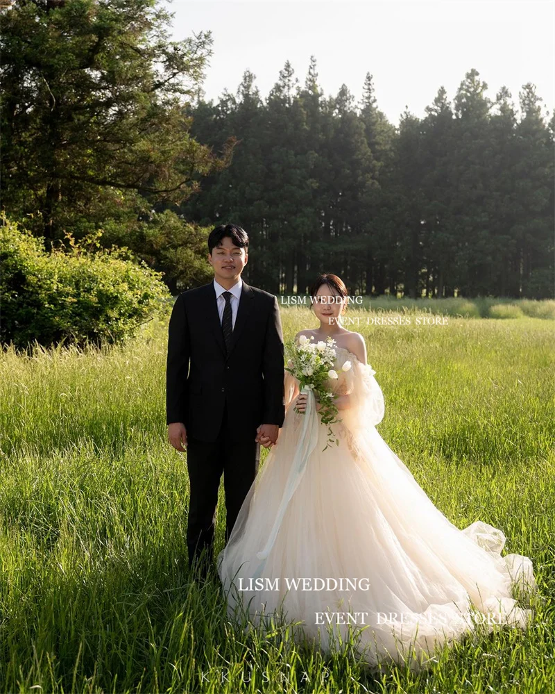 LISM Fairy Korea abiti da sposa al largo della spalla Sweetheart maniche a sbuffo a-line lunghezza del pavimento abiti da sposa formali servizio fotografico