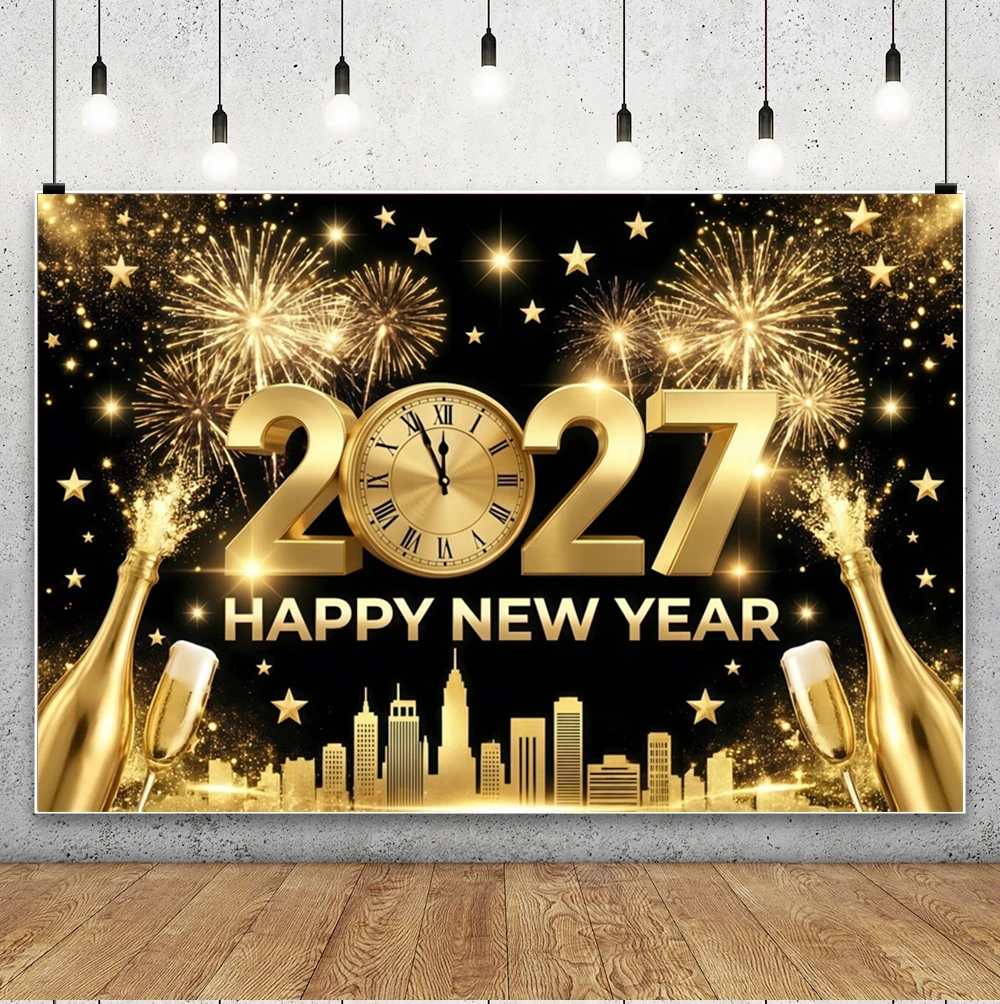2027 Happy New Year Photography Background Golden Glitter Number Champagne Festival  Backdrop Family Adult Portrait Photo Studio