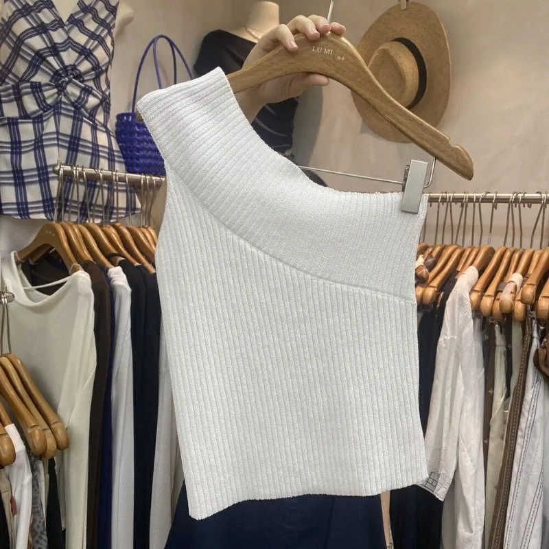 

Женский укороченный топ без рукавов из ребристой ткани с асимметричным вырезом, облегающий, повседневный