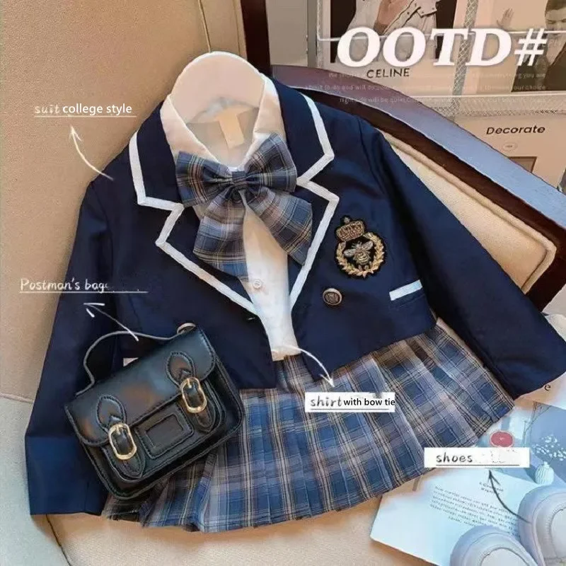 Classic Girls College Style Uniform Suit for Spring and Autumn Shirt, Coat and Pleated Skirt Combo Girls Jk