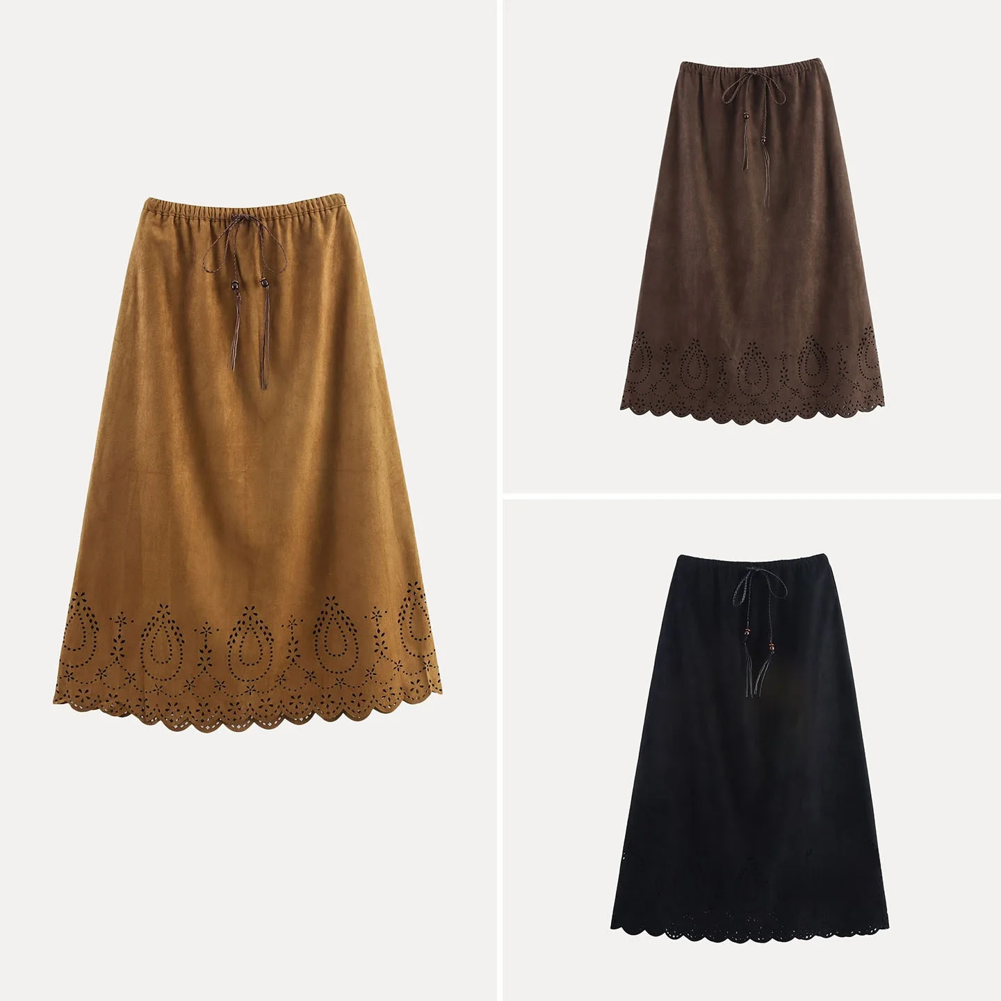 

Retro Suede Laser Carved Hollow out Skirt Women's Sle Midi Skirt Casual Leisure Stand Fit Autumn 2025 New Arrival
