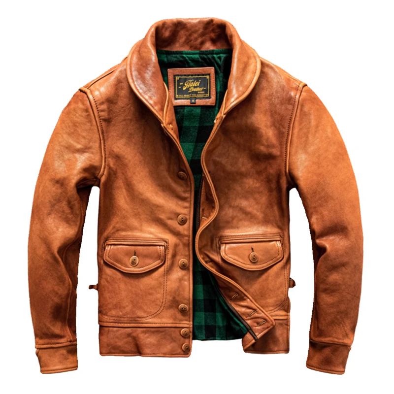 

Orange Spring Leather Jacket Men Japan Casual Style Plus Size 5XL Natural Sheepskin Single Breasted Short Genuine Leather Coat