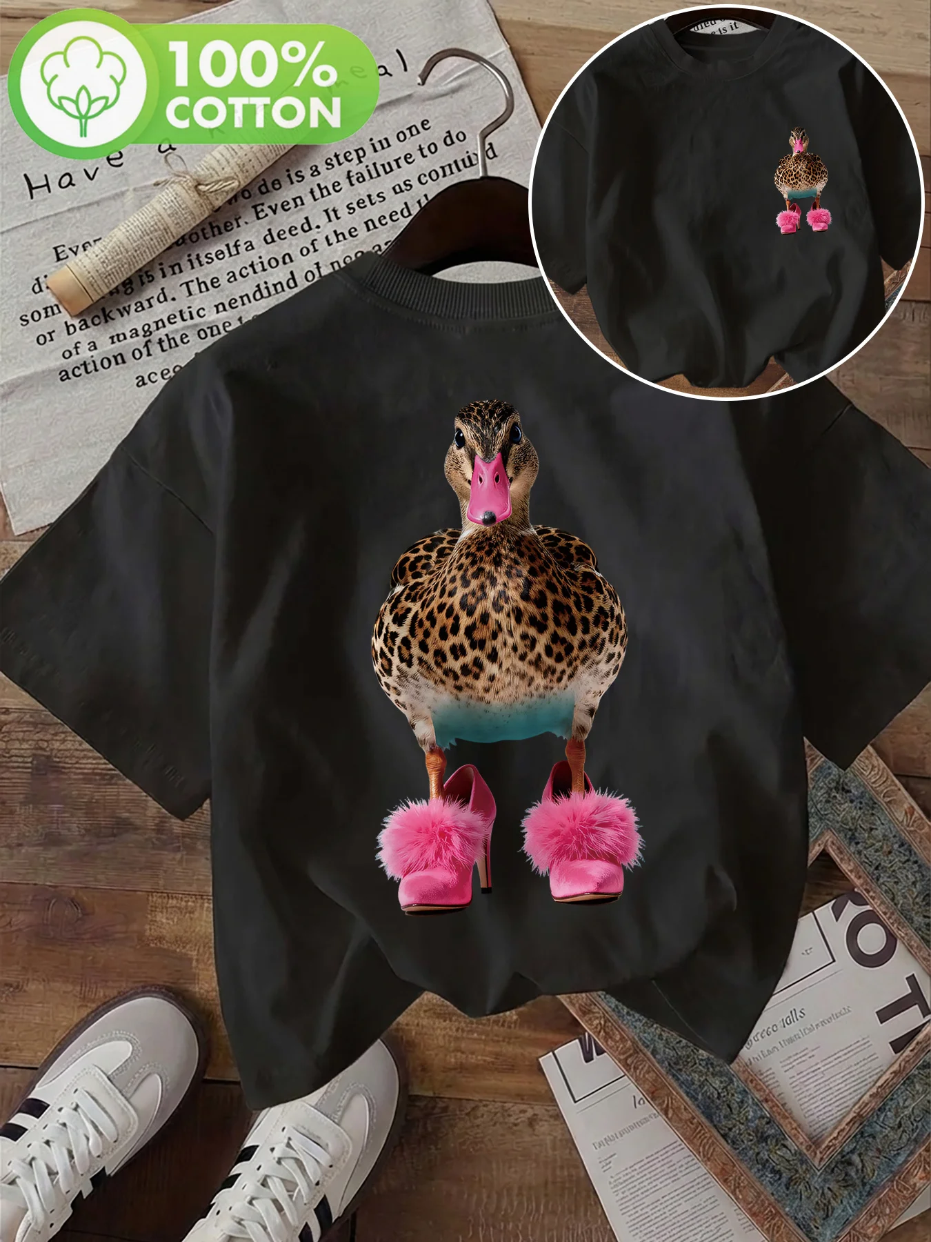 Women Tee Loose Fit Back Funny Duck With Pink High Heel Graphic Print Round Neck Short Sleeve Soft Ladies Summer Top