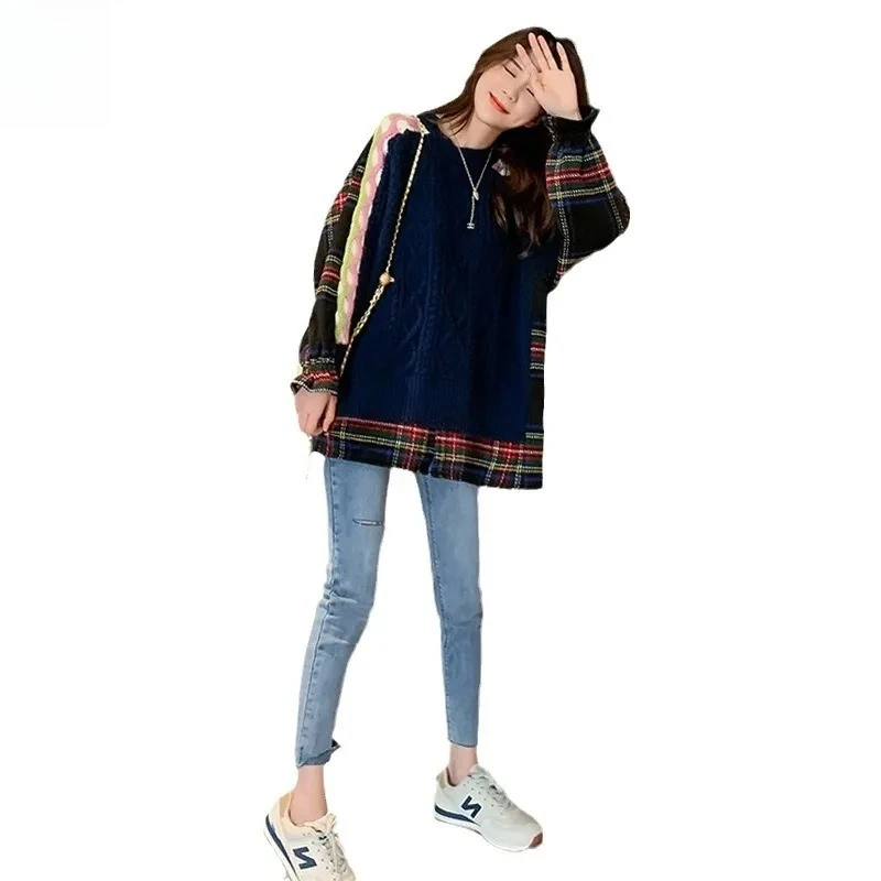 Women's 2025 Fall Winter New Arrival Oversized Lazy Style Plus Size Mid-Length Shirt Hem Patchwork Knitted Sweater Outerwear