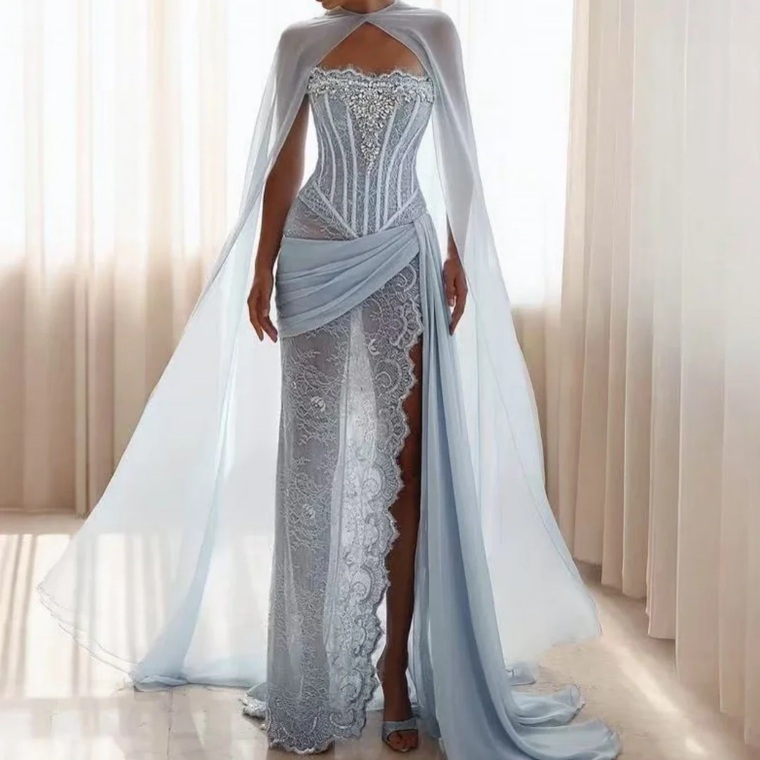 Beaded Lace Gloves Sexy Formal Gowns Cloak Split Sheer Transparent Prom Dress Chiffon Overlay Stunning Sky Blue Women Dresses