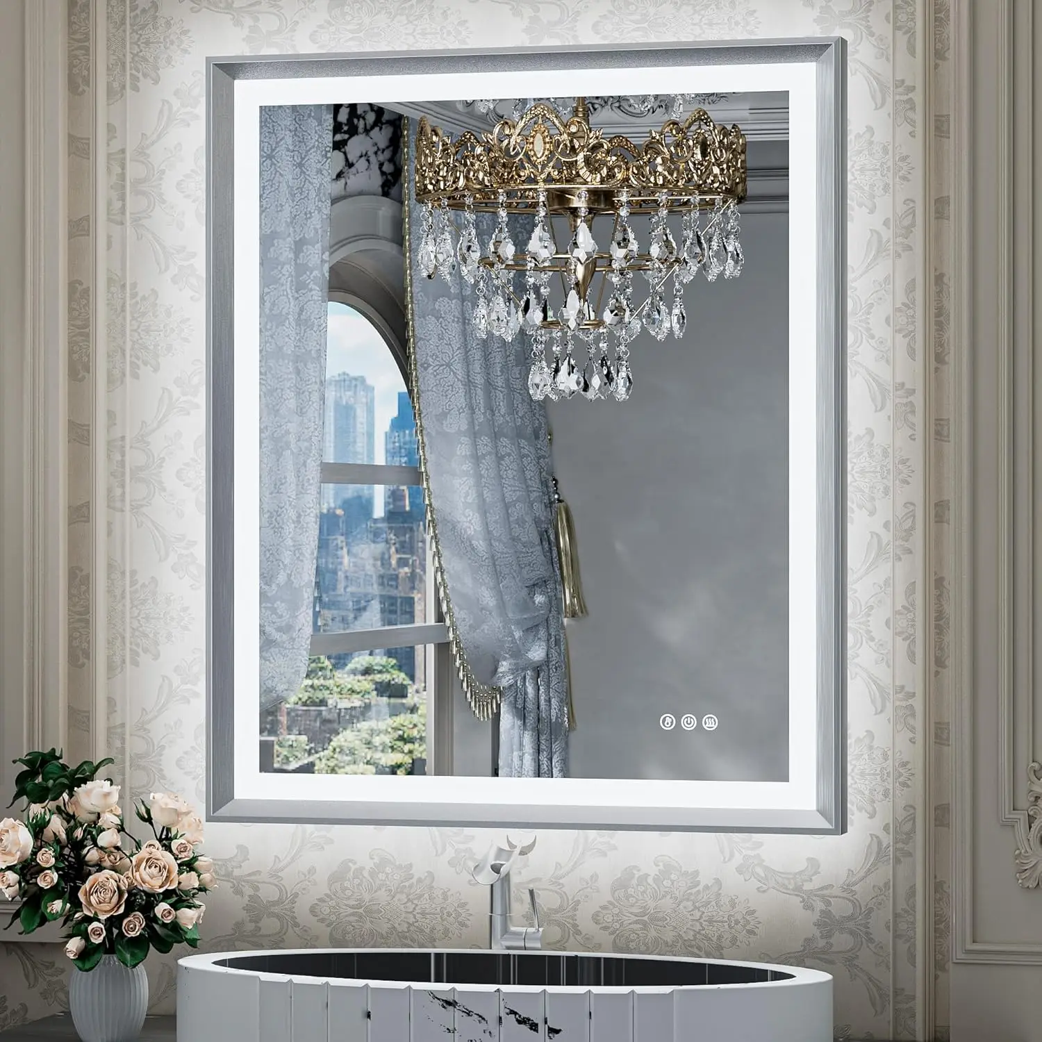 

Зеркало для ванной комнаты 30x3, 6 дюймов, с подсветкой, с рамкой из серебристого металла и матового никеля, переднее и заднее зеркальце для раковины, антизапотевающее зеркало в стиле барокко