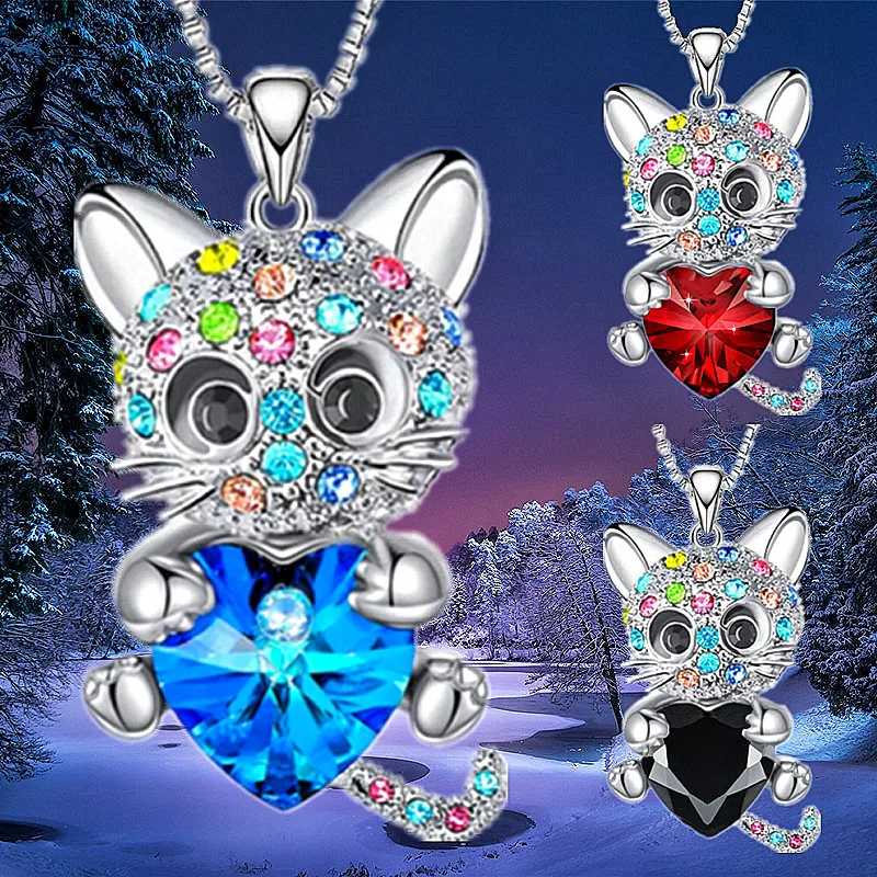 Fashion Cute Cuddly Cat Necklace Heart Zircon Animal Cat Pendant Engagement Necklaces for Women Animal Jewelry Anniversary Gift