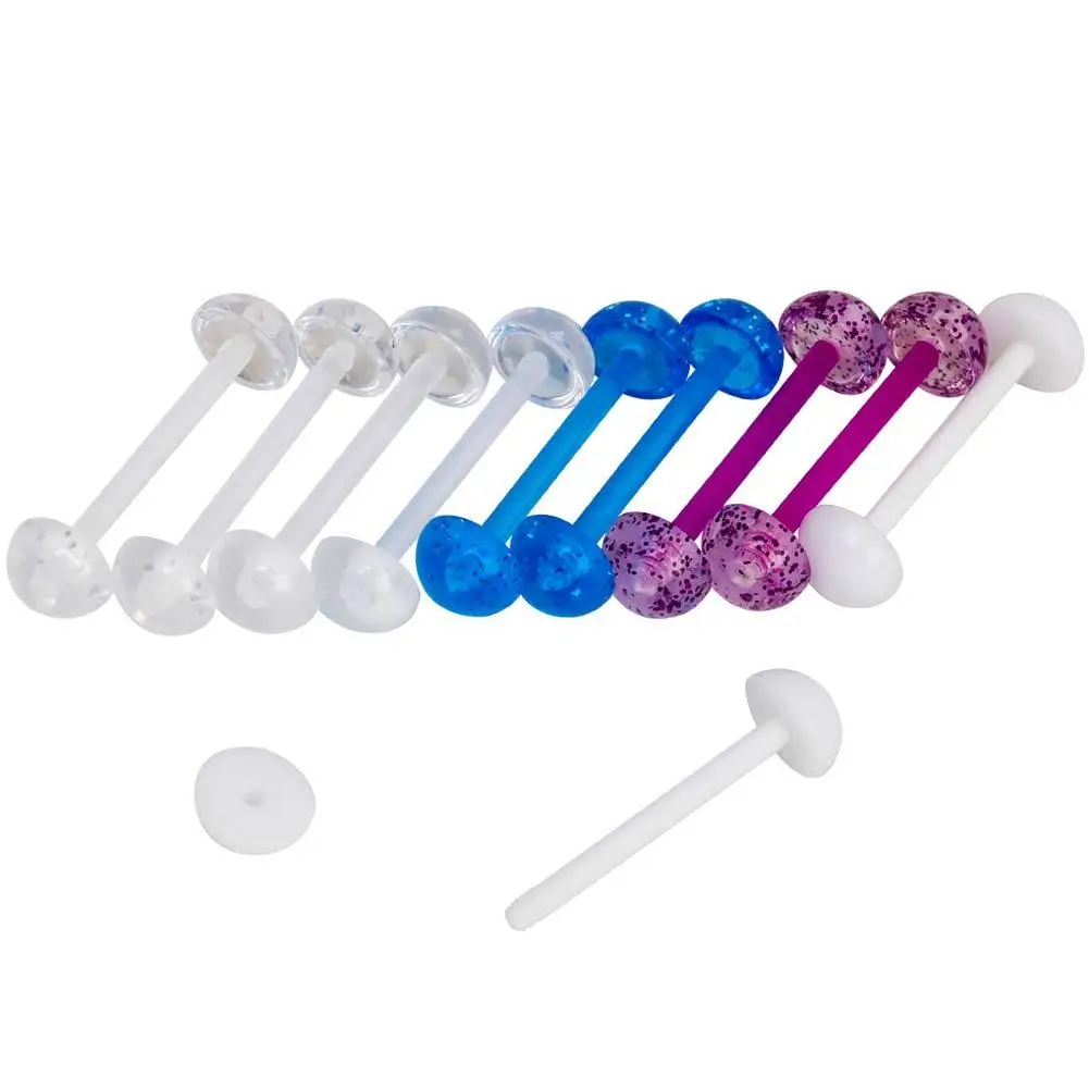 5 Pairs Acrylic Tongue Rings 14G Flexible Glitter Half Ball Tongue Barbell Retainer Body Piercing Jewelry Bar Length 16mm