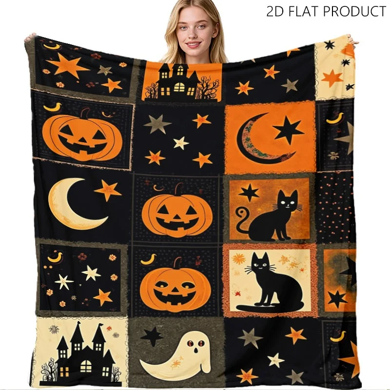 Halloween Themed Patchwork Fleece Throw Blanket, Spooky Playful Pattern with Black Cats, Jack-o'-Lanterns, Ghosts & Haunted Houses, Cozy Festive Cover in Multiple Specs, Ideal for Bedroom, Living Room, Sofa & Daily Napping