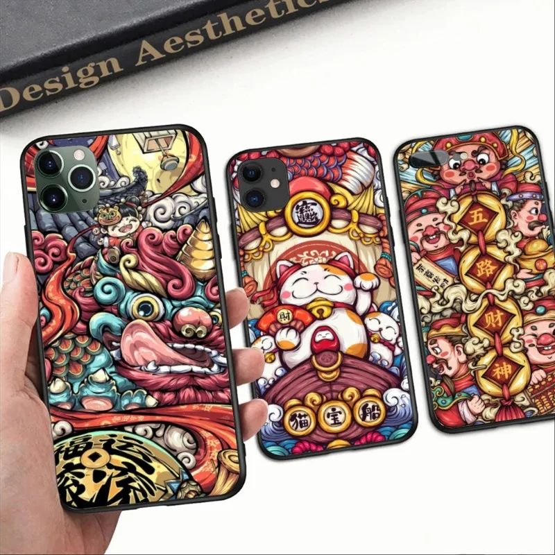 Chinese God of Wealth Cell Phone Case for iPhone 14 13 12 11 XS X 8 7 6 Plus Mini Pro Max SE 2022 Black Soft Phone Cover Funda