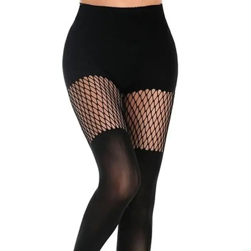 

L5YC Women Black Faux Thigh High Tights Mock Suspender Pantyhose Gothic Patchwork Over the Knee Dance Socks Stockings