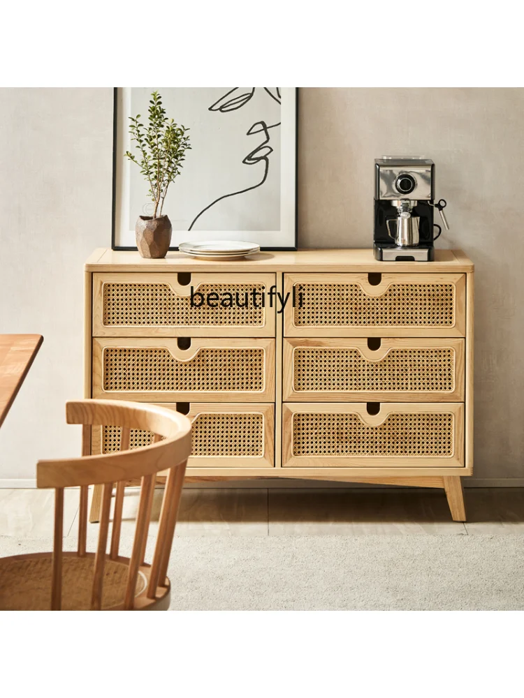 Solid Wood Rattan Chest of Drawers Simple Modern Living Room Drawer Locker B & B Bedroom Storage Cabinet Entrance Cabinet