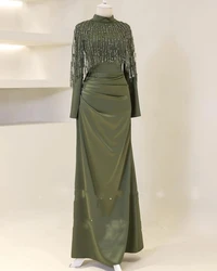 Modest Muslim Olive Satin Mermaid Prom Dresses Tassel Sequined Long Sleeves High-Neck Evening Dresses Party Gown For Women