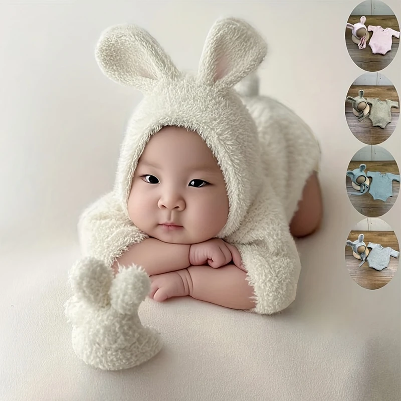 2pcs/sets Rabbit Costume Newborn Photography Outfits Adorable Soft Rabbit Hat + One-piece Shorts Studio Photography Accessories