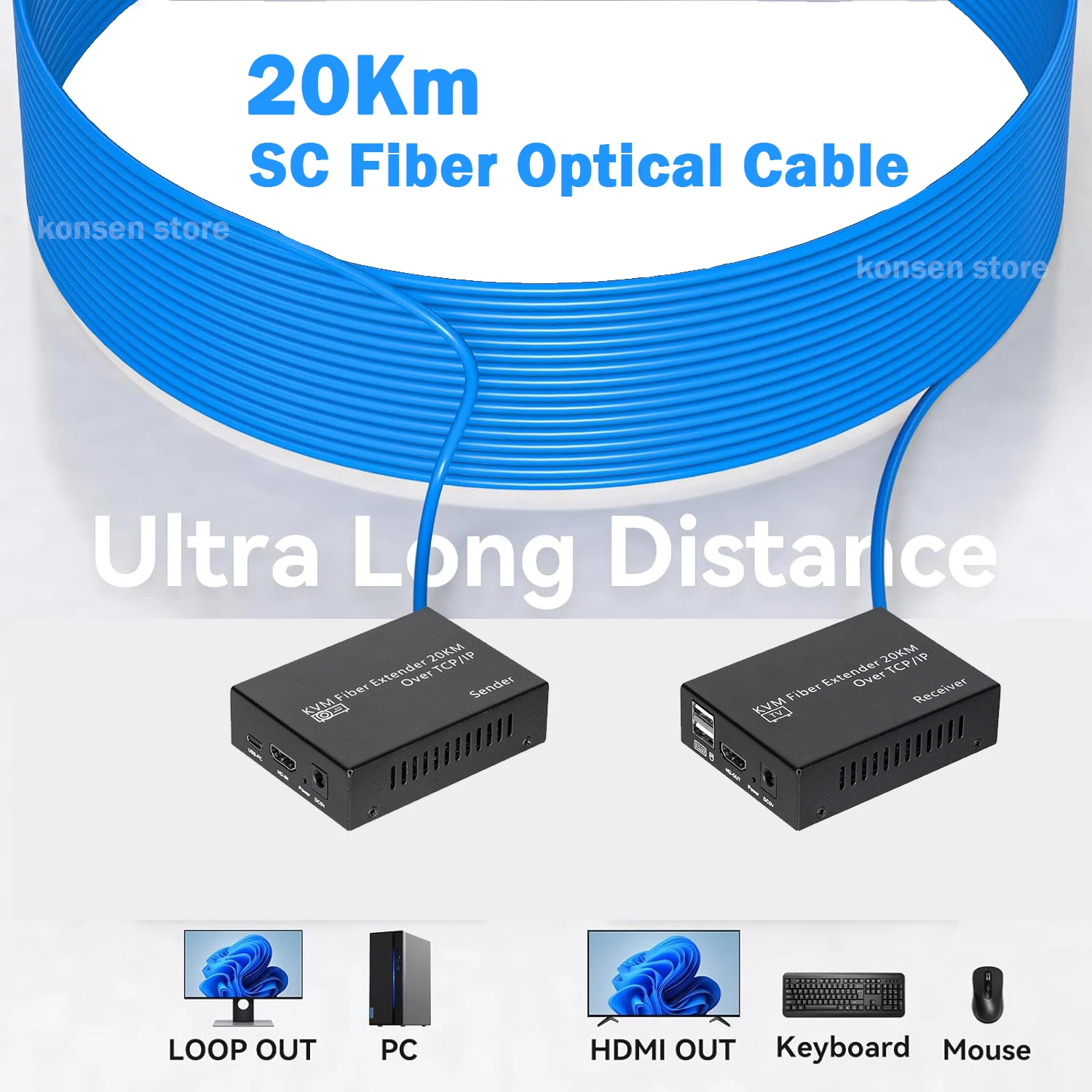 20Km HDMI KVM Fiber Extender over IP SC Optical Fiber Cable 1080P HDMI to Fiber Converter Video Extender Support Mouse Keyboard