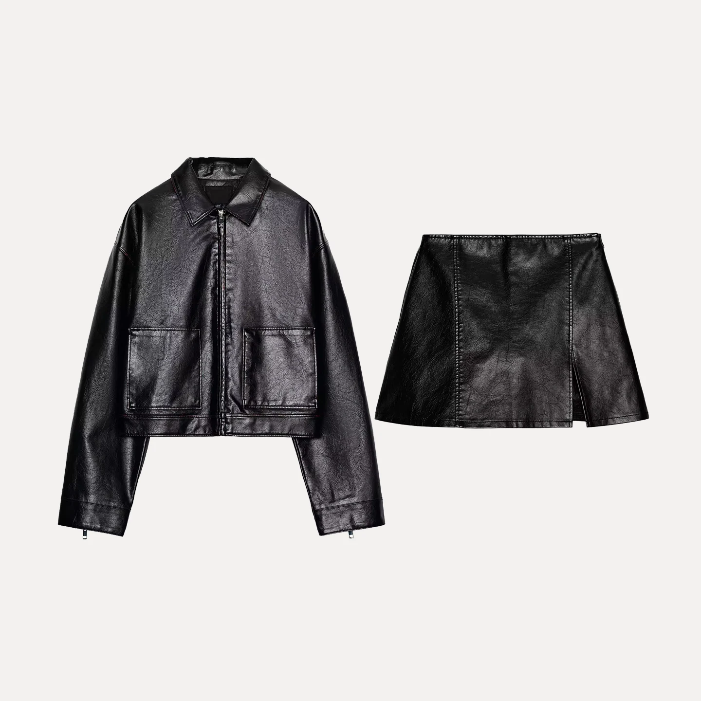 Z レディース ファッションセット 2025年秋シーズン ロングスリーブジャケットとハイウエストレザースカートのツーピースセット