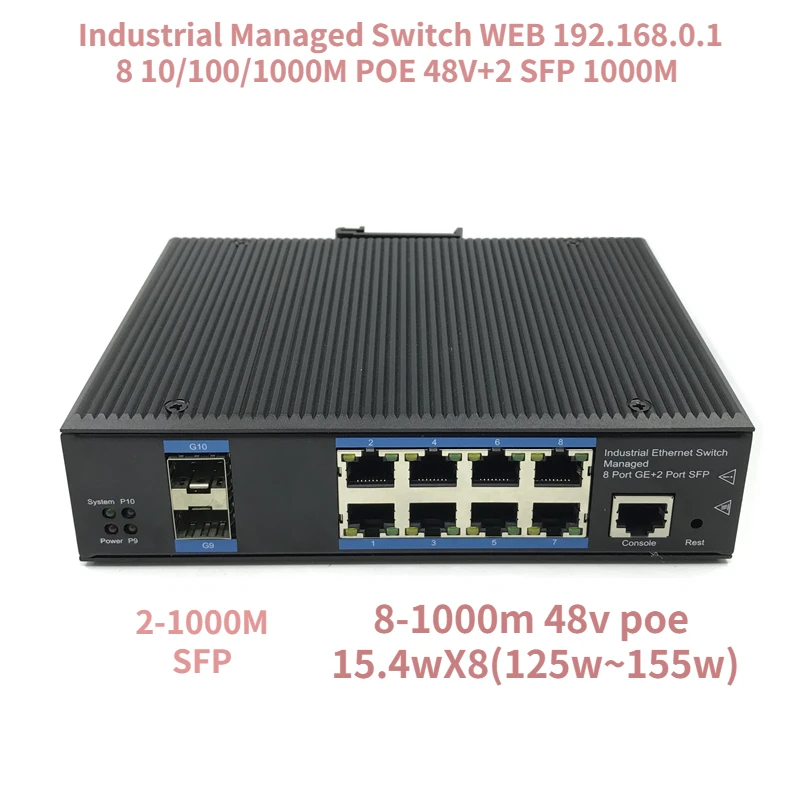 

8 port 1000M industrial managed switch POE switch 10/100/1000M 2SFP ndustrial grade switch network VLAN 192.168.1.1 web managed