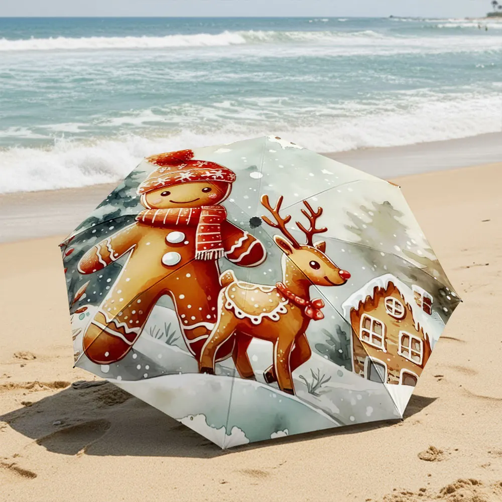 Cute Gingerbread Man & Reindeer Winter Scene Umbrella Compact Fashion Folding Umbrella for Daily Use, Christmas Gift