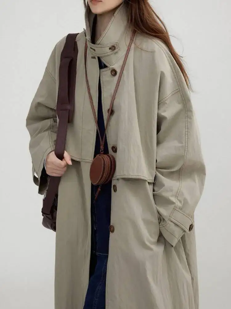 TLXT-Chaqueta cortavientos larga informal con cuello levantado para mujer, ropa de abrigo ligera de talla grande de Color sólido con bolsillos