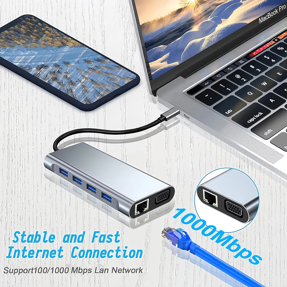 11-in-1 Type-C Docking Station USB 3.0 HUB USB C Splitter Type C to 4K HDMI VGA PD RJ45 1000M Network Adapter for Laptop Macbook