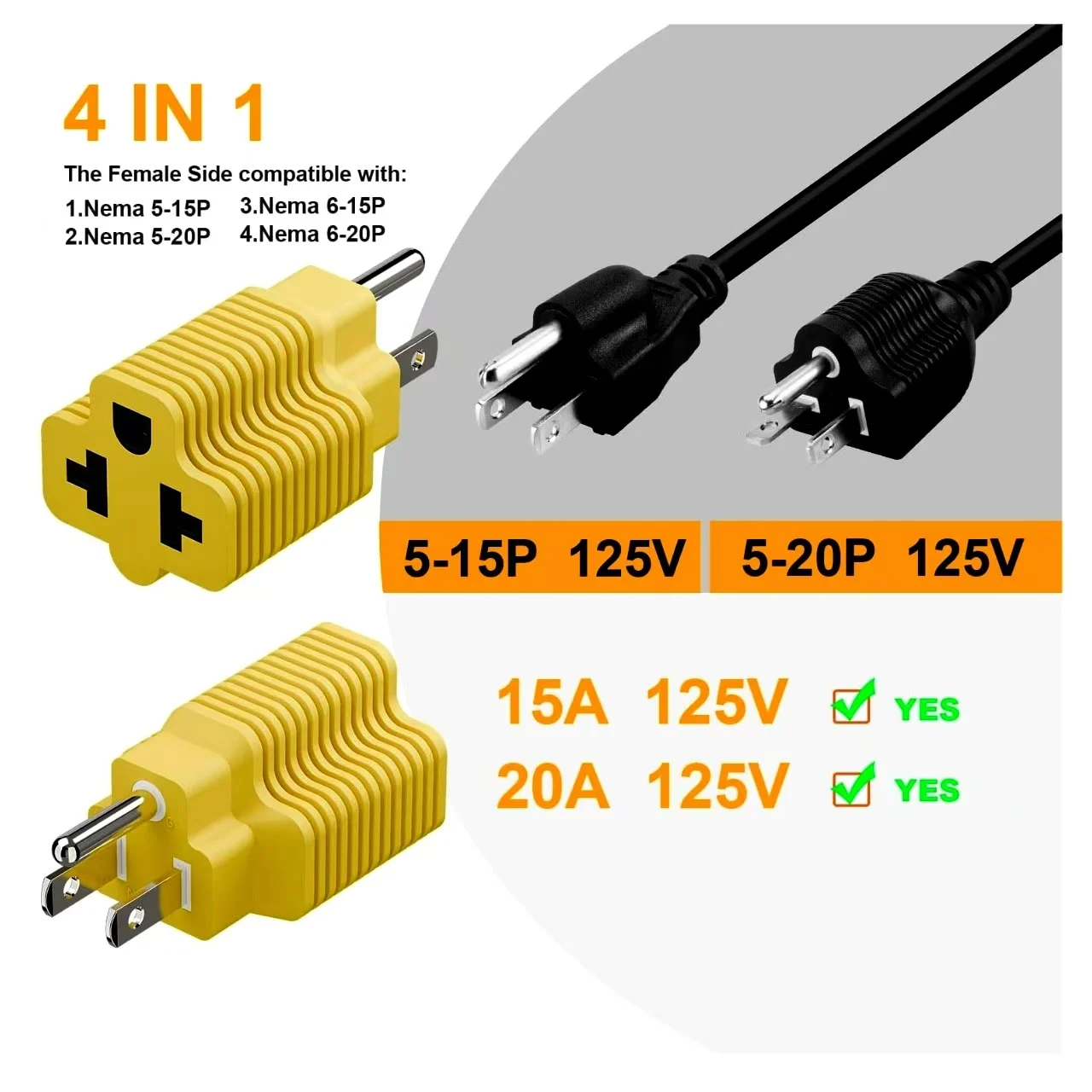 أصفر (3 عبوات) نيما 5-15P إلى 5-20R، 5-15P إلى 6-15R، 5-15P إلى 6-20R، محول طاقة تيار متردد 4 في 1 T Blade، محول 15A 125V إلى 20A 250V، #6