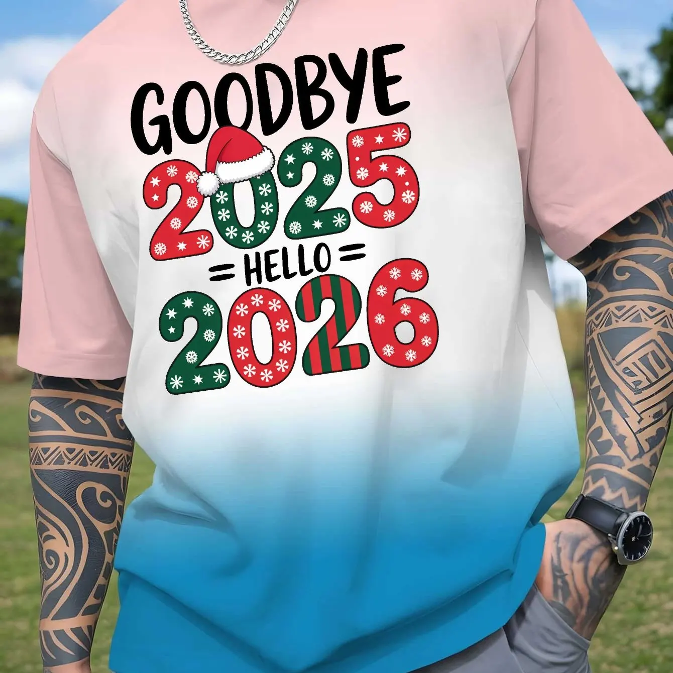 وداعا 2025 مرحبا 2026 الرجال تي شيرت الترفيه موضة التدرج طباعة قصيرة الأكمام عيد الميلاد السنة الجديدة كرنفال حفلة الرجال الملابس