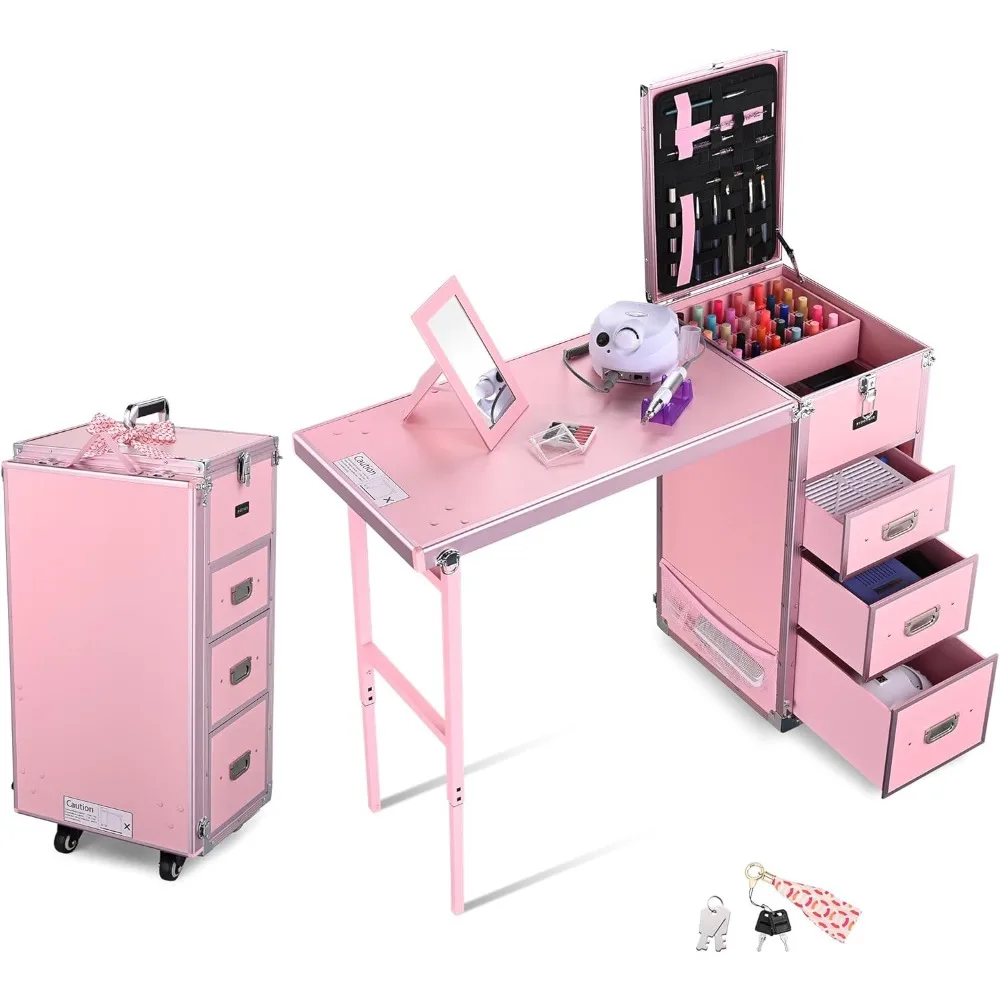 

Rolling Manicure Table Foldable Nail Desk Mobile Station Makeup Train Case For Nail Artist Makeup Artists