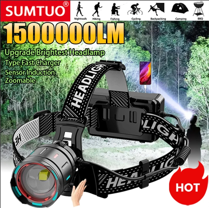 2024 Ultra Powerful LED Headlamp Super Bright Long Range Head Flashlight USB Rechargeable Head Torch Fishing Hunting Head Light