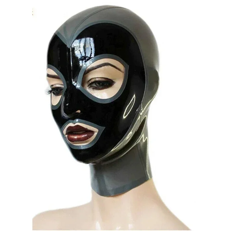 Handmade Latex Hood Rubber Mask Silver with Black Open Eye Back Zip Nose Holes Sexy Fetish Customize Size Halloween Costume