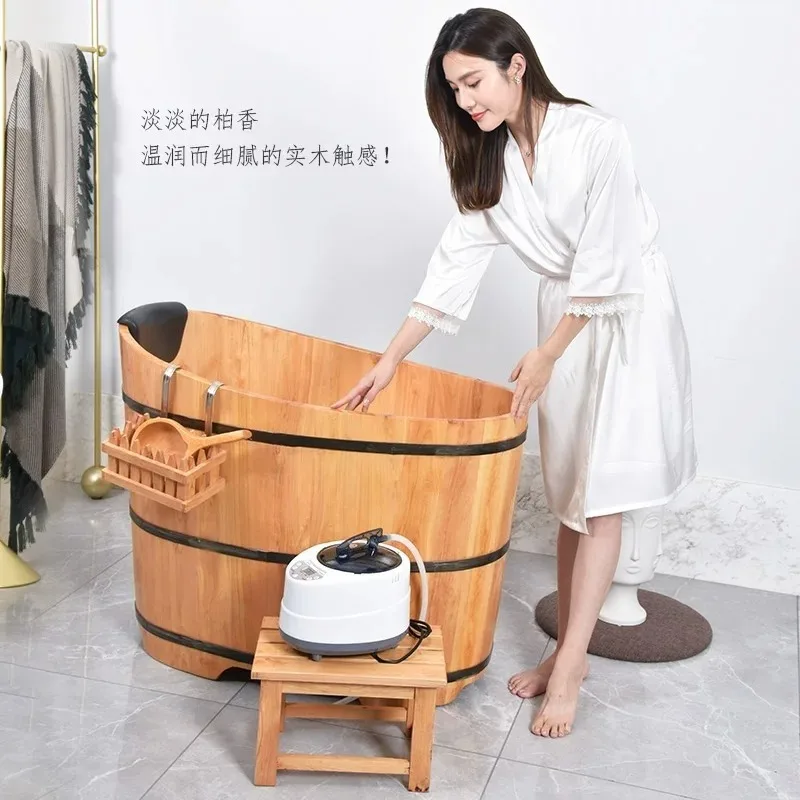 Natural  Wood Freestanding Spa Barrel Tub Full Body Steam Sweat Soaking Vessel For Household Indoor Bathroom  SPA Equipment